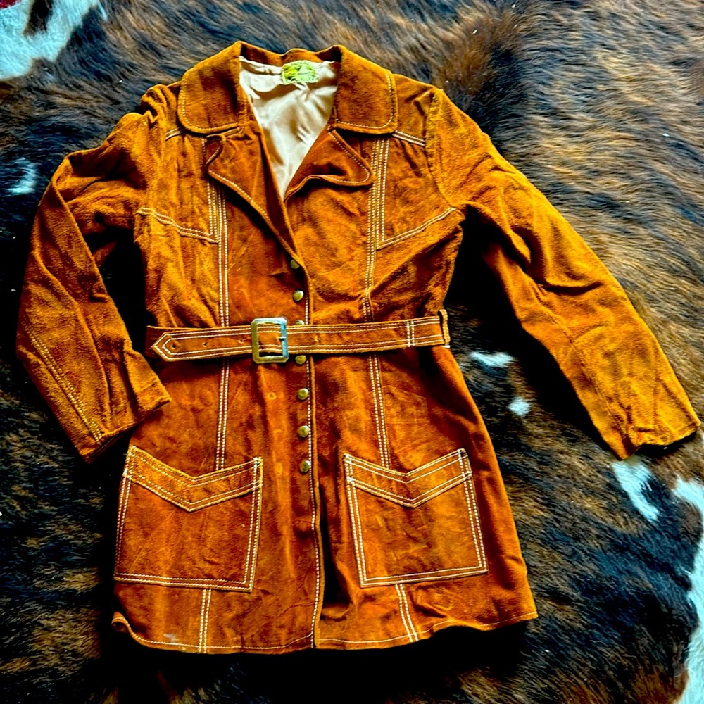 Vintage 70's genuine leather Suede Belted spy Coat Jacket handmade rust brown